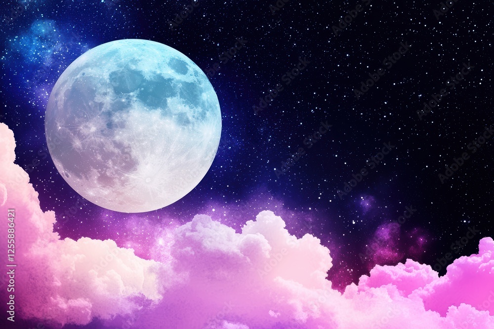 A celestial moonlit sky with soft purple and pink clouds, creating an ethereal and magical atmosphere A celestial moonlit sky with soft purple and pink clouds, creating an ethereal and magical atmosphere