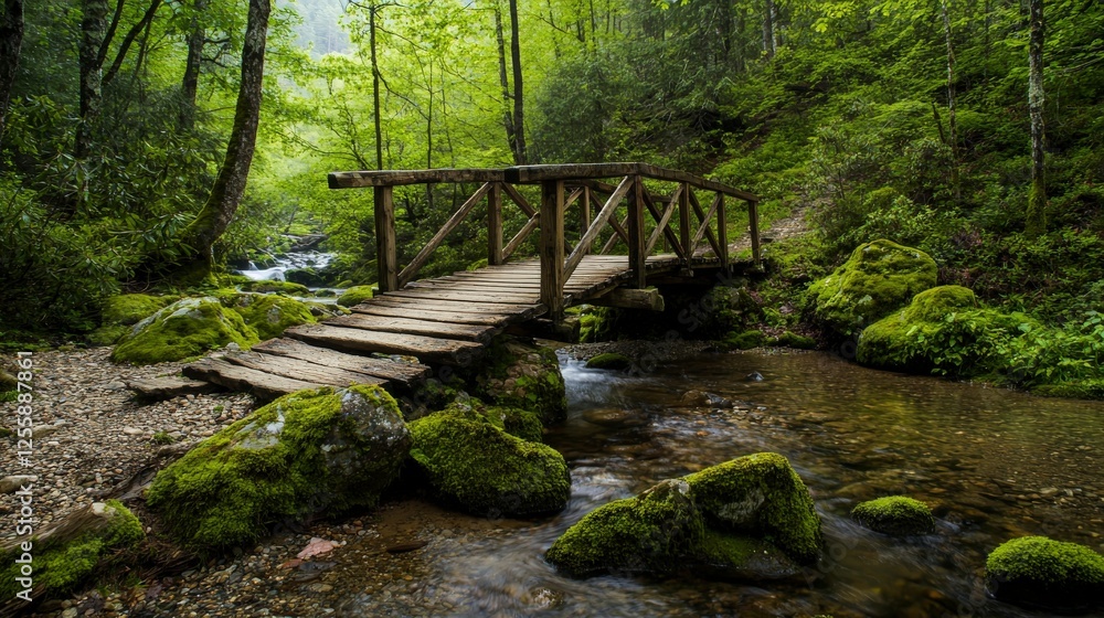Obraz premium Rustic wooden bridge spanning serene forest stream nature landscape photography tranquil environment perspective