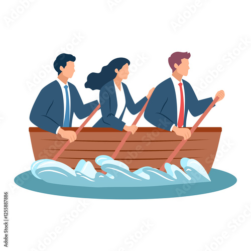 Businessmen rowing the same boat, working together to reach the shore, just like working as a team to achieve business goals.