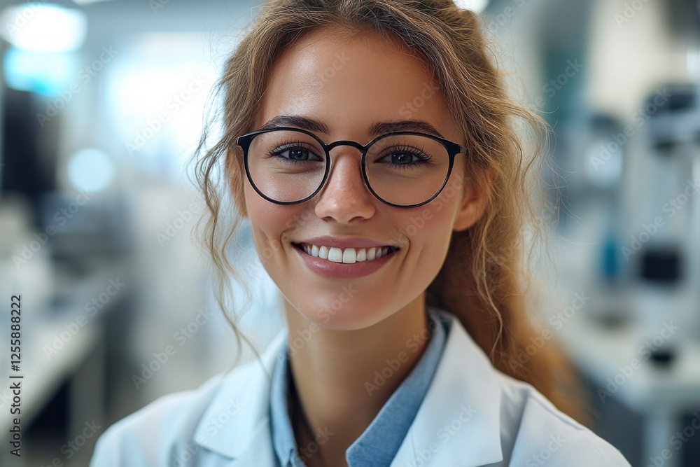 Fototapeta premium A confident female scientist smiling in a modern, bright laboratory