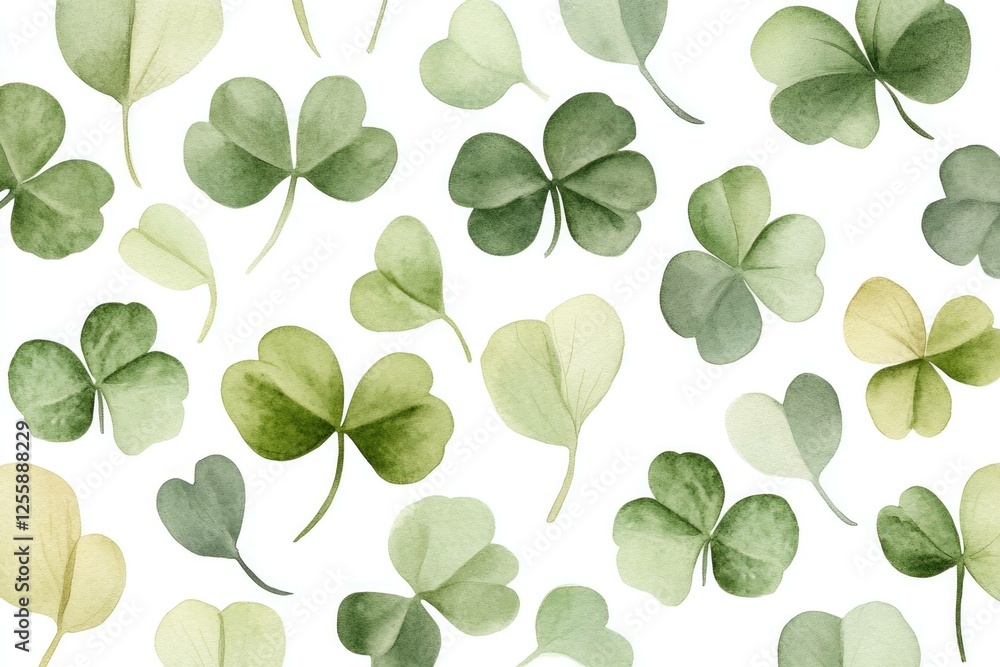 Fototapeta premium Beautiful watercolor clover leaves in various shades of green, perfect for St Patrick s Day designs and seasonal celebrations