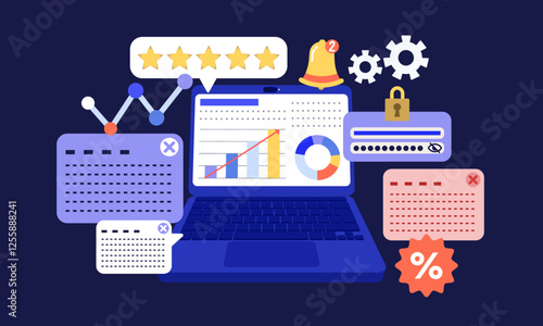 Laptop showing business performance with charts, statistics, and security features