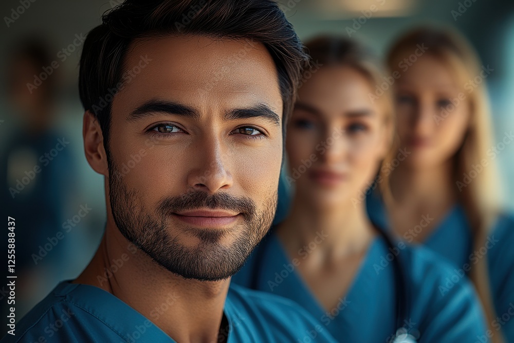 man looking satisfied into the camera, with a group of nurses standing behind, appearing relieved. man looking satisfied into the camera, with a group of nurses standing behind, appearing relieved.