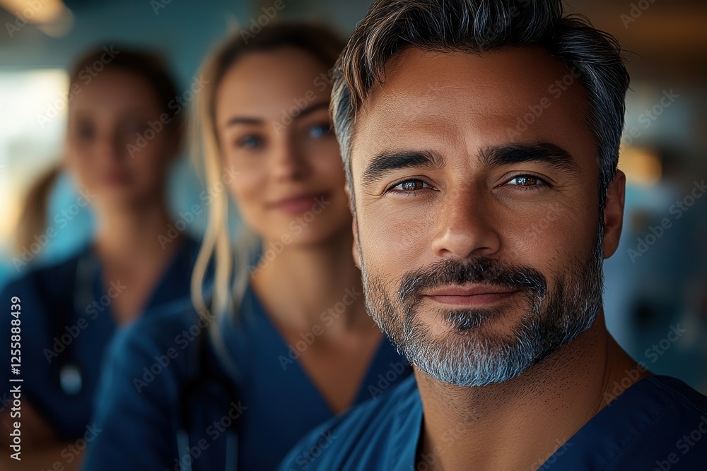 Obraz premium man looking satisfied into the camera, with a group of nurses standing behind, appearing relieved. 