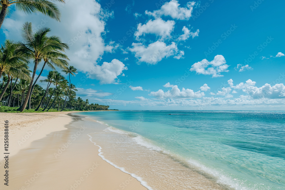 Tropical beach with palm trees and crystal-clear ocean waves Tropical beach with palm trees and crystal-clear ocean waves