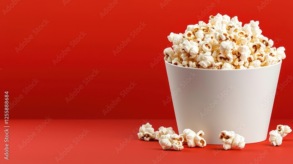 Freshly Popped Popcorn in a White Container on a Vibrant Red Background Freshly Popped Popcorn in a White Container on a Vibrant Red Background