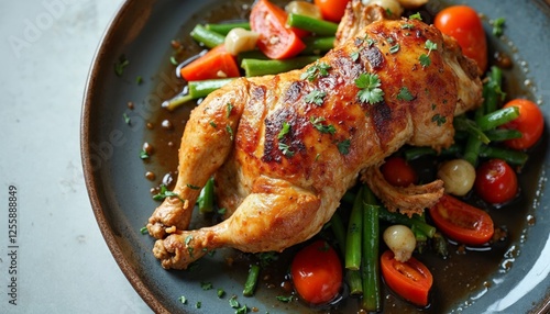 Roasted chicken with fresh green beans and ripe tomato salad on dark plate photo