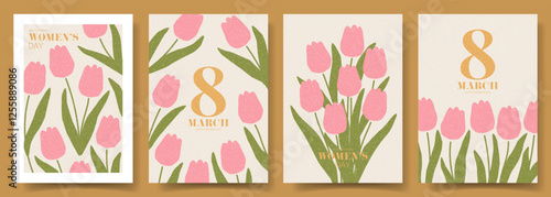 Set of Happy Women's Day cards. International Women's Day flyers with pink tulips. Holiday posters for design of party, celebration, ads, branding, cover, cards, sale, flyer.