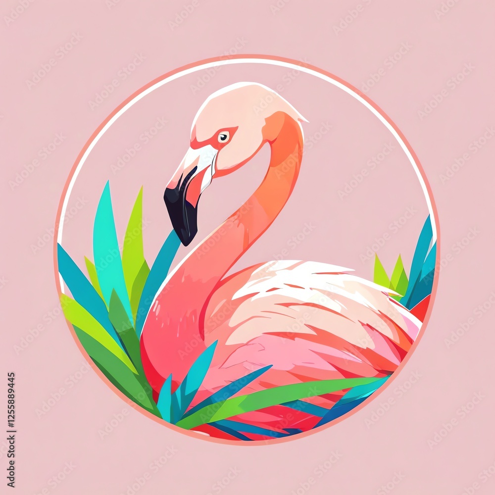 Fototapeta premium Pink Flamingo in Tropical Paradise: A Vibrant Summer Illustration