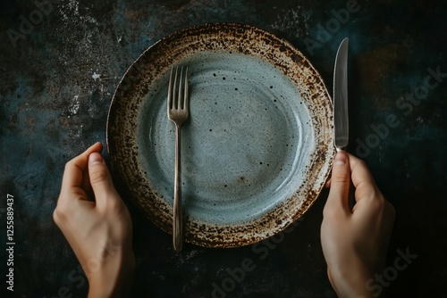 Hands holding a fork and knife next to an empty plate in a dimly lit setting