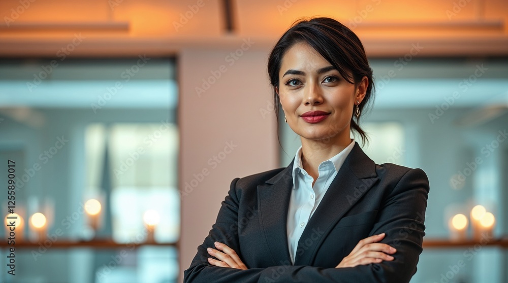 Confident Businesswoman in Modern Office: Elegant Success with Soft Pastel Tones and Warm Lighting Confident Businesswoman in Modern Office: Elegant Success with Soft Pastel Tones and Warm Lighting