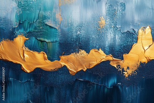 Elegant abstract blue and gold art piece depicting fluid textures and vibrant...