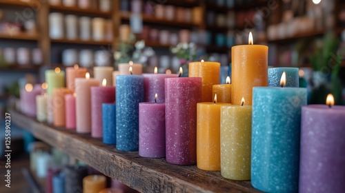 Colorful candles lit up on display in a cozy shop showcasing diverse designs ...