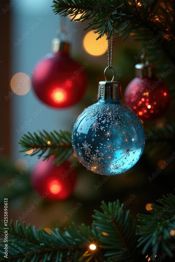 Fototapeta premium Glittering tree lights reflected in crystal ornaments, holiday, light