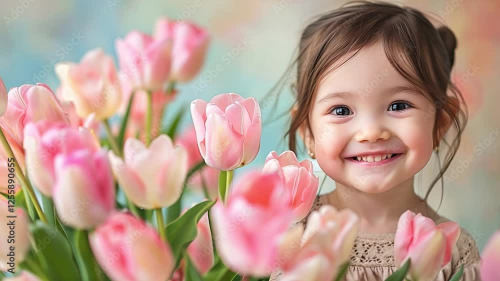 This joyful young girl engages with vibrant pink tulips in a cheerful environment. This joyful young girl engages with vibrant pink tulips in a cheerful environment.