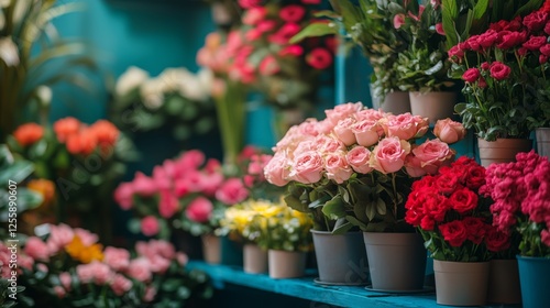 Colorful flower display in a vibrant market setting during the day