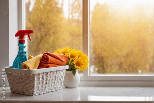 Wicker basket with cleaning supplies, plastic spray bottles and microfiber cloth by the window. Housework, house chores, cleaning service, spring or fall cleaning background for banner or poster.