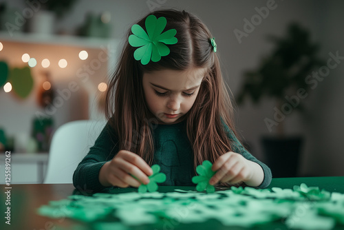 Concept of creativity, Irish tradition, luck, and festive joy in a warm and magical atmosphere. Young girl creating St. Patrick’s Day decorations with green clovers.  photo