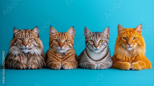 Group of four cats displaying unique fur patterns against a bright blue backg...