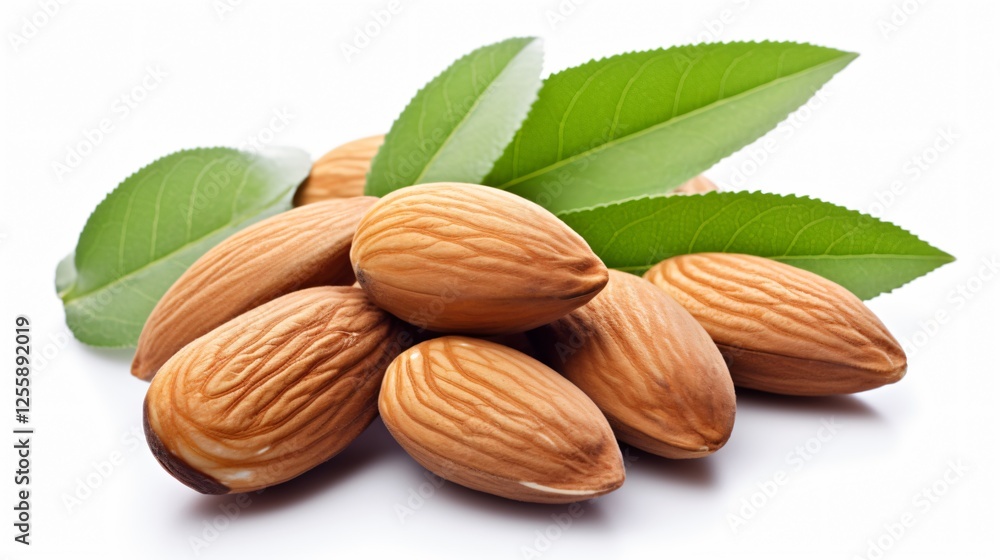 Fresh Almonds with Leaves on White Background Fresh Almonds with Leaves on White Background
