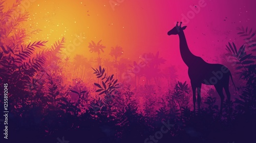 Giraffe silhouetted against a vibrant sunset in an African savanna landscape