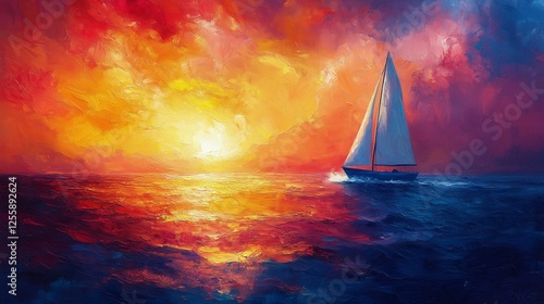 Sailboat cruising on a vibrant ocean at sunset with colorful skies