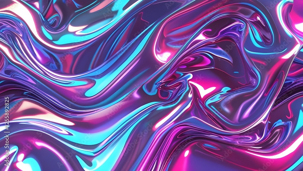 Obraz premium Iridescent Flow: Abstract Liquid Metal with Neon Reflections Texture