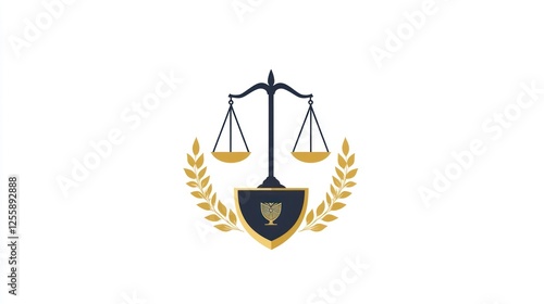 Legal Scales Emblem, Justice Symbol,  Golden Laurel Wreath, Shield photo