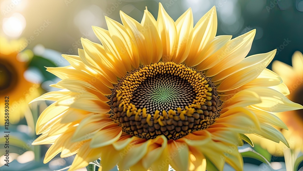 Fototapeta premium Sunlit sunflower field, summer bloom, nature, background bokeh, website banner
