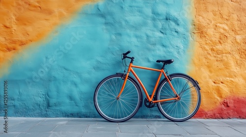 Colorful urban wall with orange bicycle parked on pavement during bright dayl...