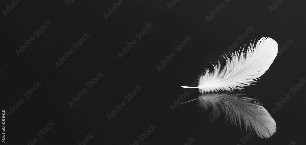 Obraz premium A single white feather resting on a reflective black surface, creating a striking minimalist composition