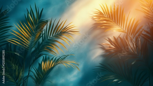 Bright sunlight filters through lush palm leaves in a tropical landscape at sunset