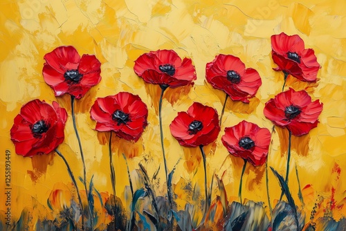 Vibrant red poppies bloom against a bright yellow background in an artistic d...
