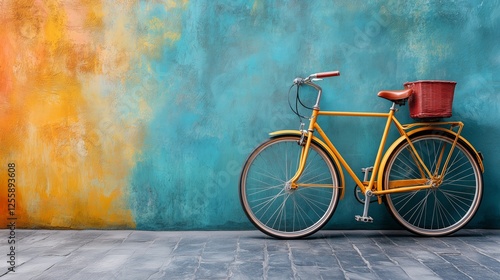 Vintage yellow bicycle with a basket against a colorful textured wall in an u...