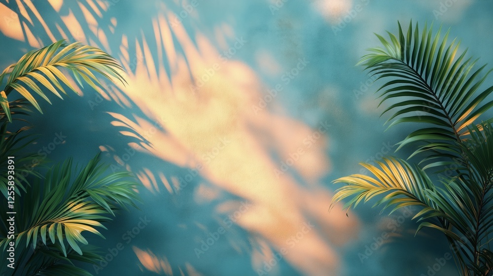 Naklejka premium Lush green palm leaves casting shadows in tranquil sunlight at golden hour