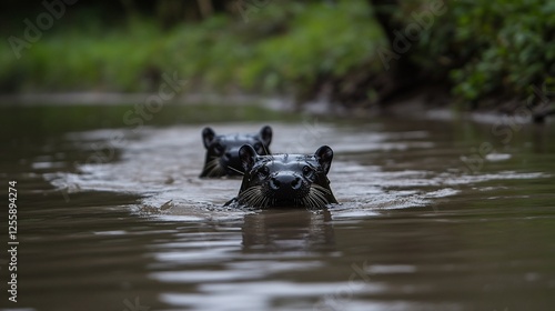 River otters swimming in a tranquil waterway, lush forest backdrop. Possible use Nature, wildlife, conservation photo