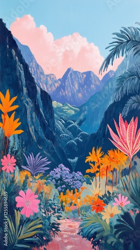 Vibrant tropical landscape featuring mountains and colorful flora at sunset