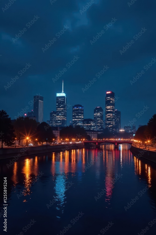 Obraz premium Frankfurt's glowing skyline, dark river reflecting lights, city lights, architecture photography, building