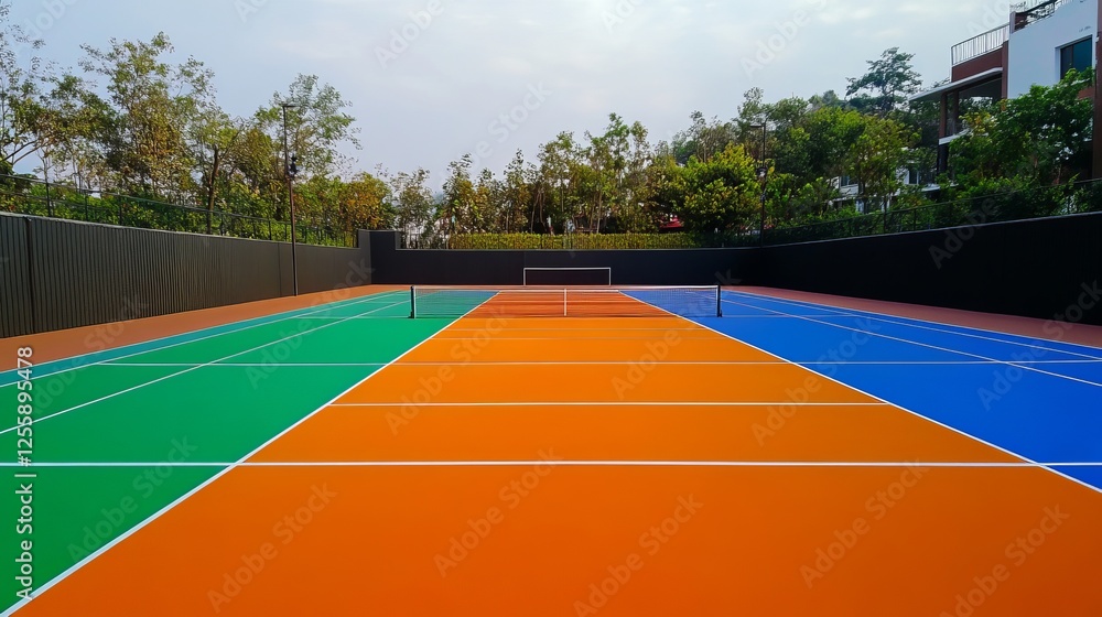 Fototapeta premium Vibrant multicolored sports court with geometric lines and bold patterns