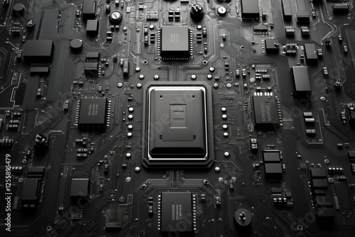 Close-up view of a complex circuit board with multiple chips and connections ...
