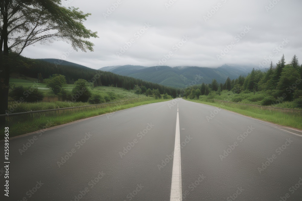 Fototapeta premium Scenic Mountain Road: Empty Asphalt Highway with Green Forest and Cloudy Sky, Perfect for Travel and Adventure Stock Photography