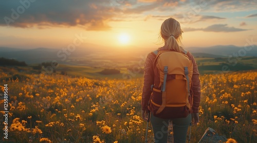 Wanderer admires golden sunset over a vibrant flower field in early evening l...