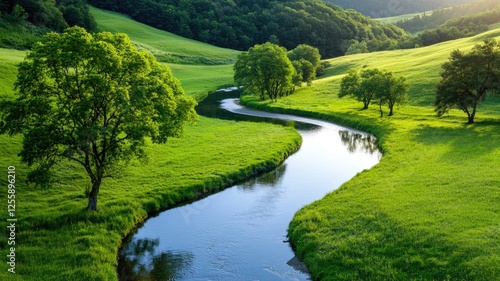 Serene river winding through lush green landscape with vibrant trees