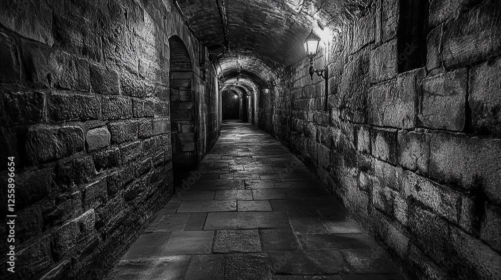 Mysterious Stone Archway in Dark Historic Underground Passageway Mysterious Stone Archway in Dark Historic Underground Passageway
