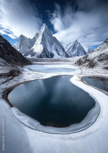 Wide-angle view of a lake surrounded by snowy peaks photo