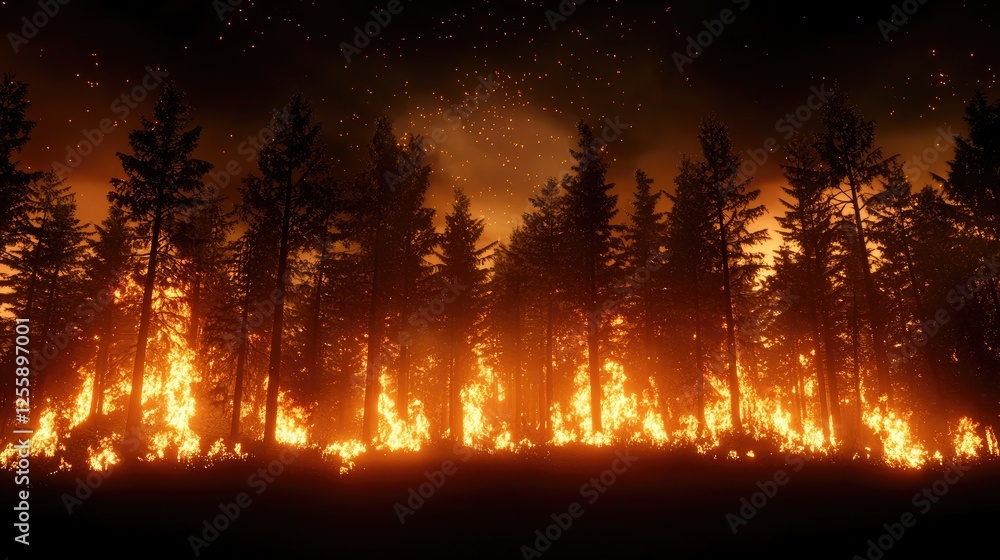 Intense Wildfire Spreading Through Dense Forest at Night Intense Wildfire Spreading Through Dense Forest at Night