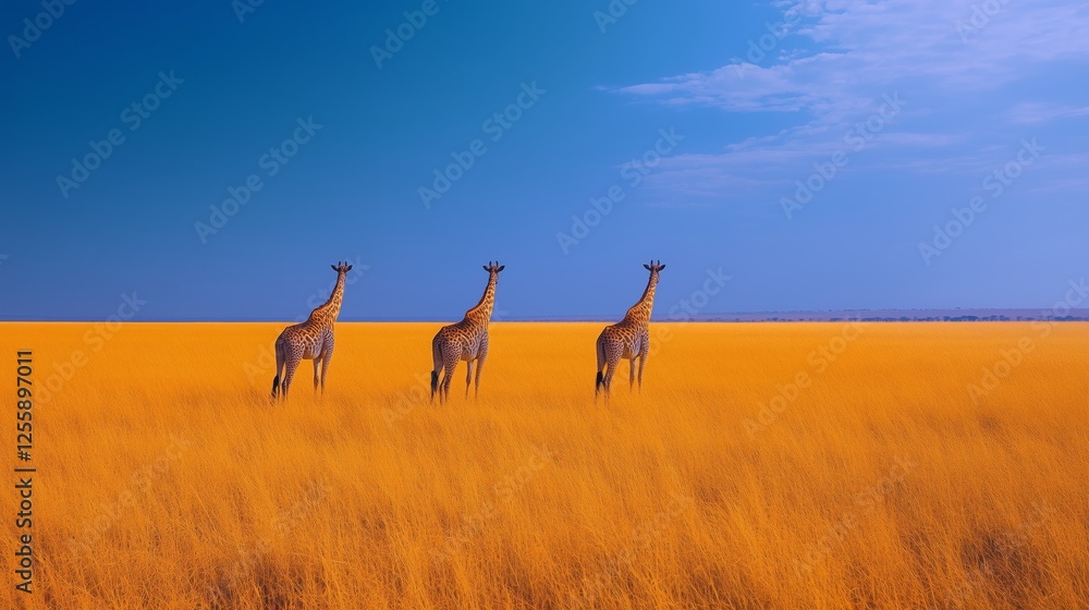 Three giraffes walking through a vibrant golden grassland under a clear blue sky Three giraffes walking through a vibrant golden grassland under a clear blue sky