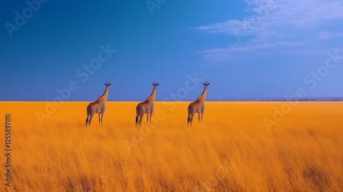 Three giraffes walking through a vibrant golden grassland under a clear blue sky
