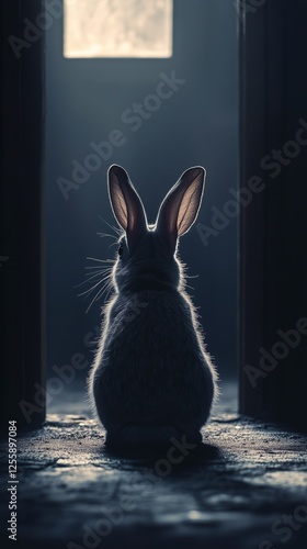 Rabbit sitting in doorway with soft light illuminating silhouette at dusk