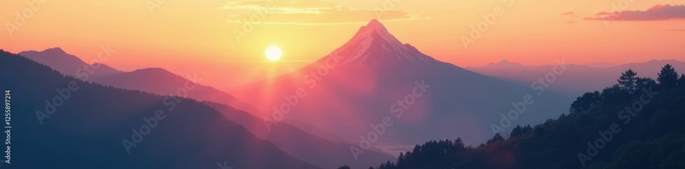 Fototapeta premium Majestic mountain peak with misty atmosphere at peaceful sunset, serenity, sunlight, atmospheric perspective